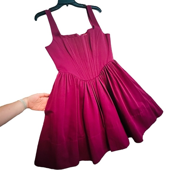 STAUD Landscape Corset Bodice Fit & Flare Mini Dress in Syrah Burgundy size 10 - Picture 10 of 16